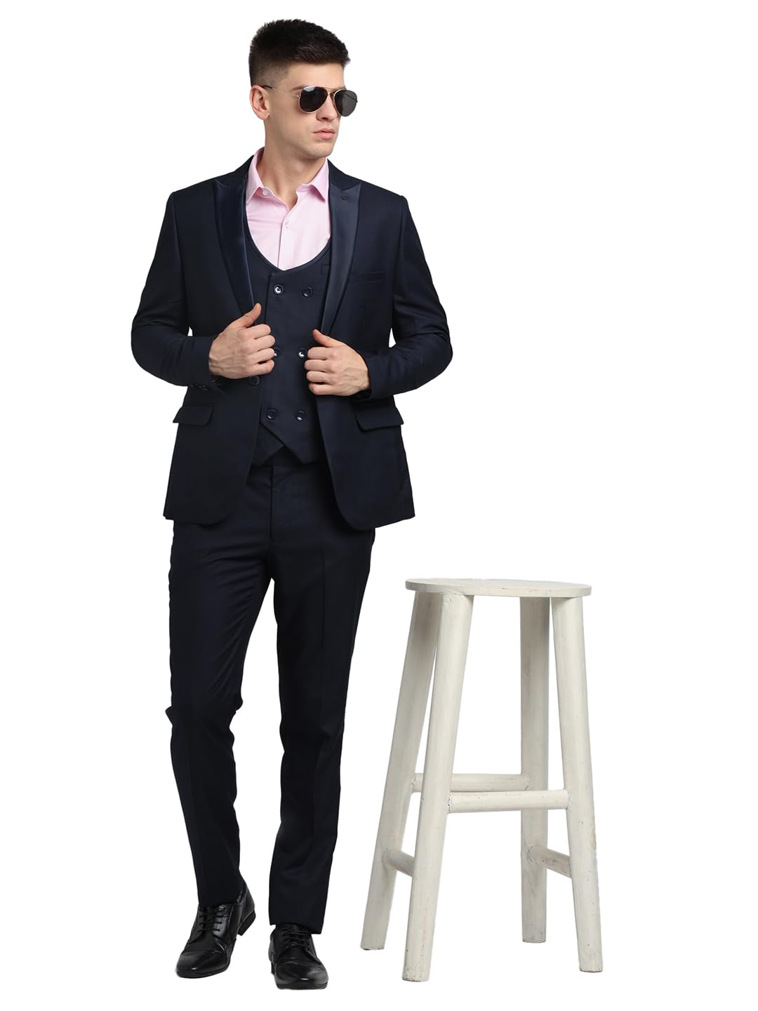 Men Poly Viscose Tailored Fit Dark Blue Three Piece Party Suits