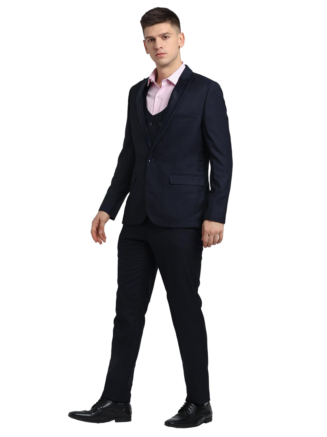 Men Poly Viscose Tailored Fit Dark Blue Three Piece Party Suits - Image 6