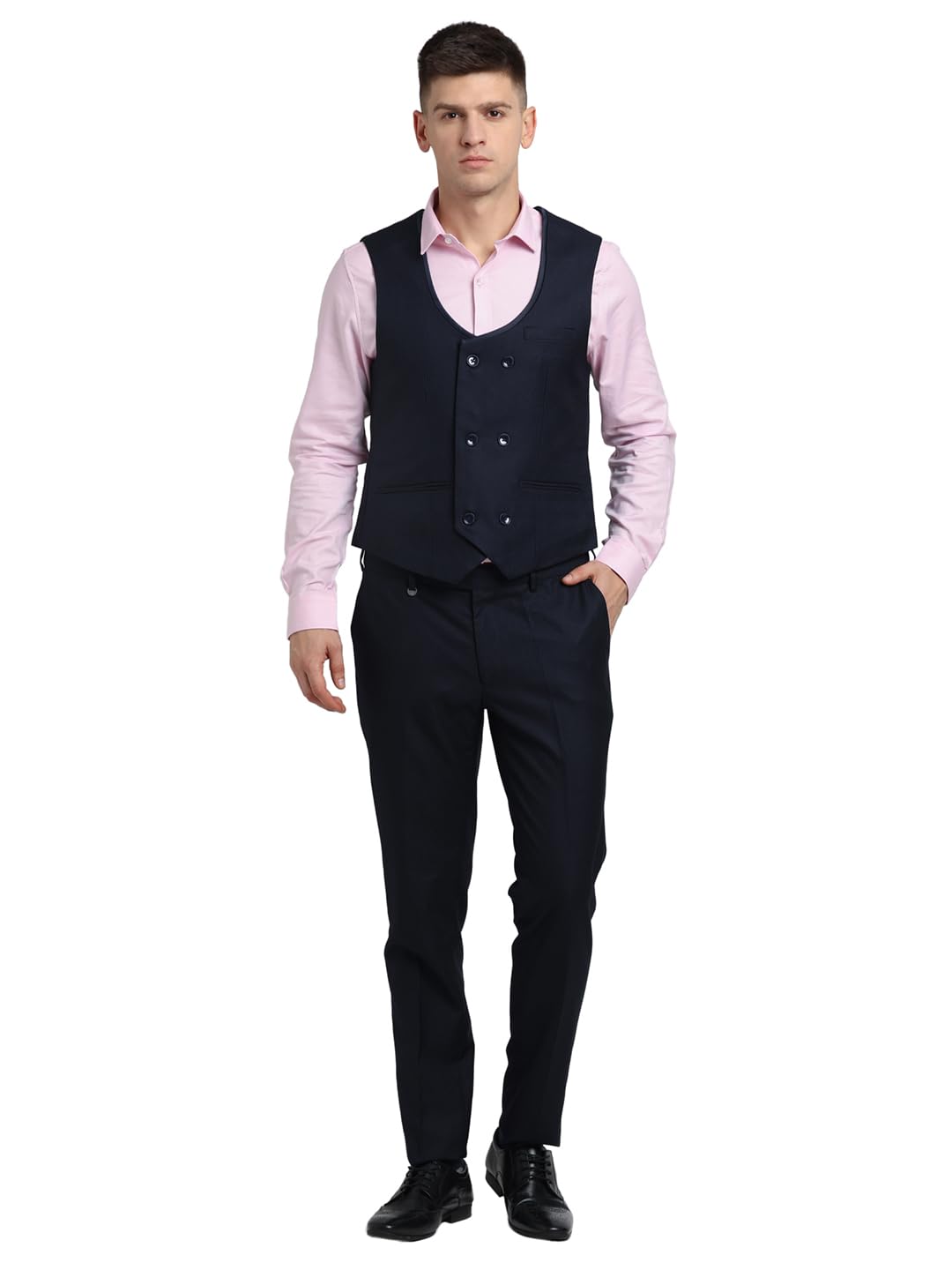 Men Poly Viscose Tailored Fit Dark Blue Three Piece Party Suits - Image 2