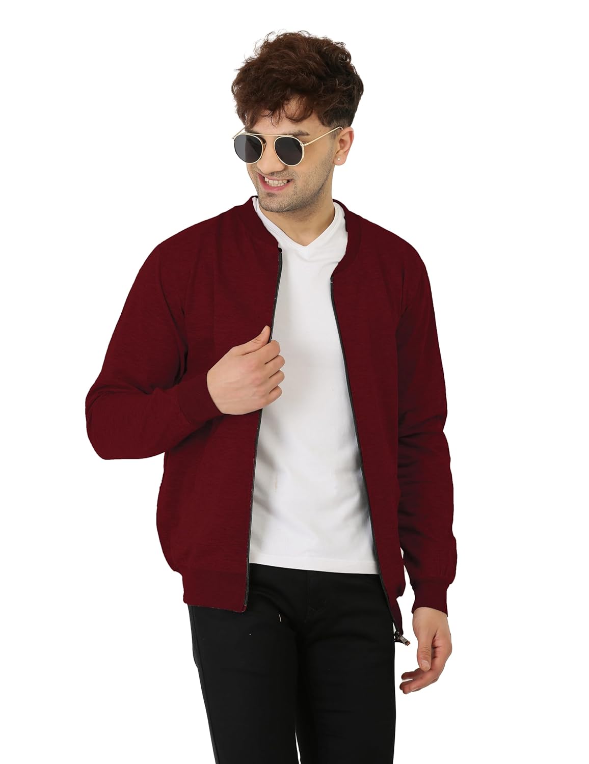 CASUAL JACKET for Men's Regular Fit Loopknit Bomber Jacket with Zipper Closure and 2 Side Pockets (Color Maroon) - Image 9