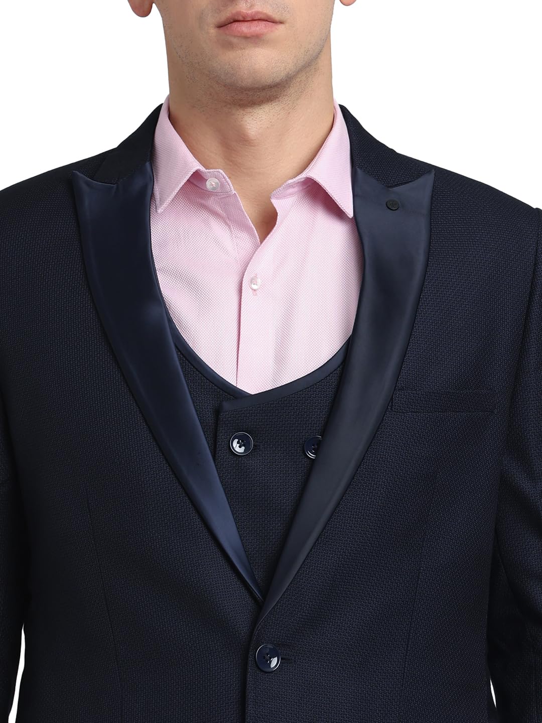 Men Poly Viscose Tailored Fit Dark Blue Three Piece Party Suits - Image 5