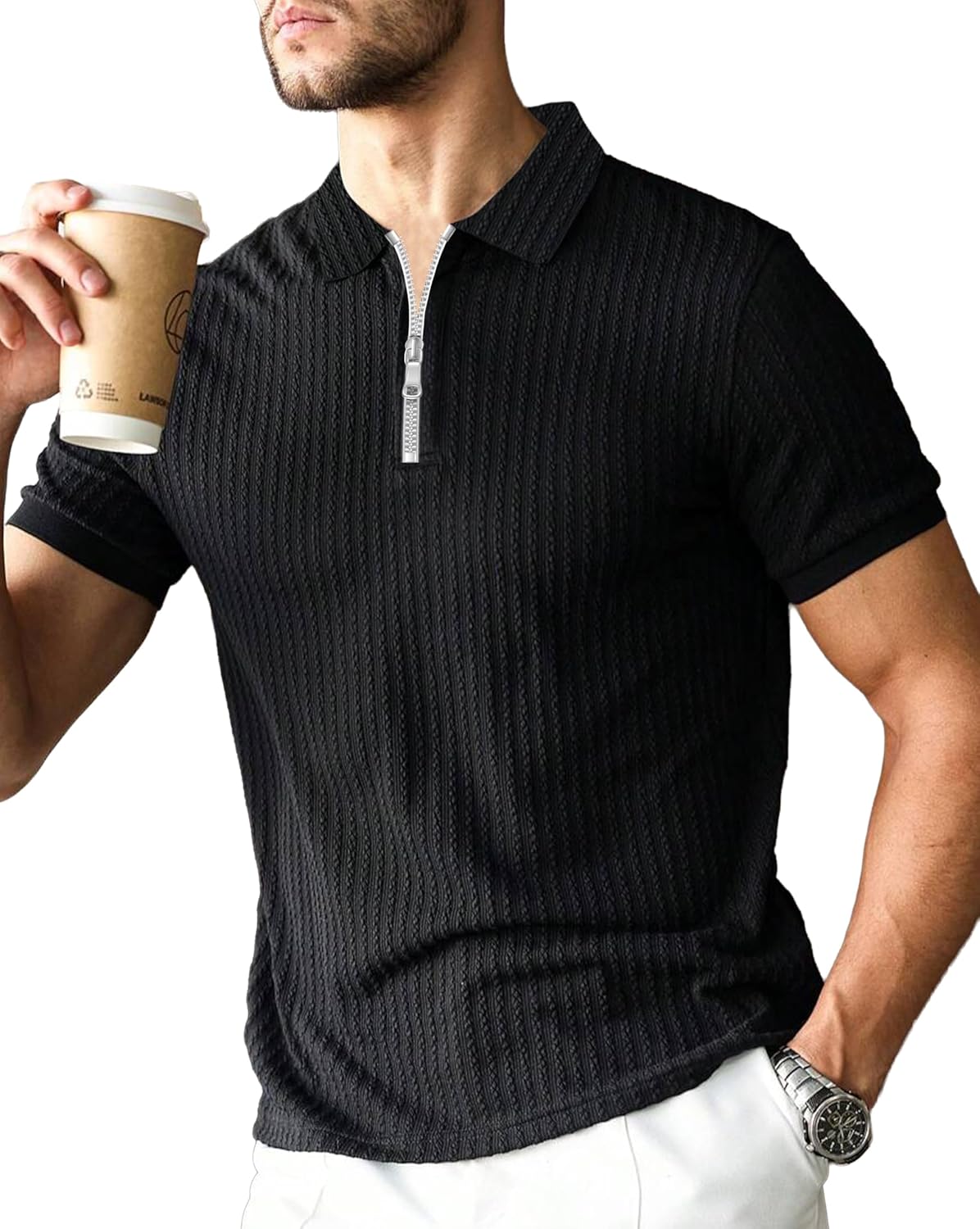 Polo T-Shirt for Men with Zipper Neck || Texture Fabric Polo Tshirt