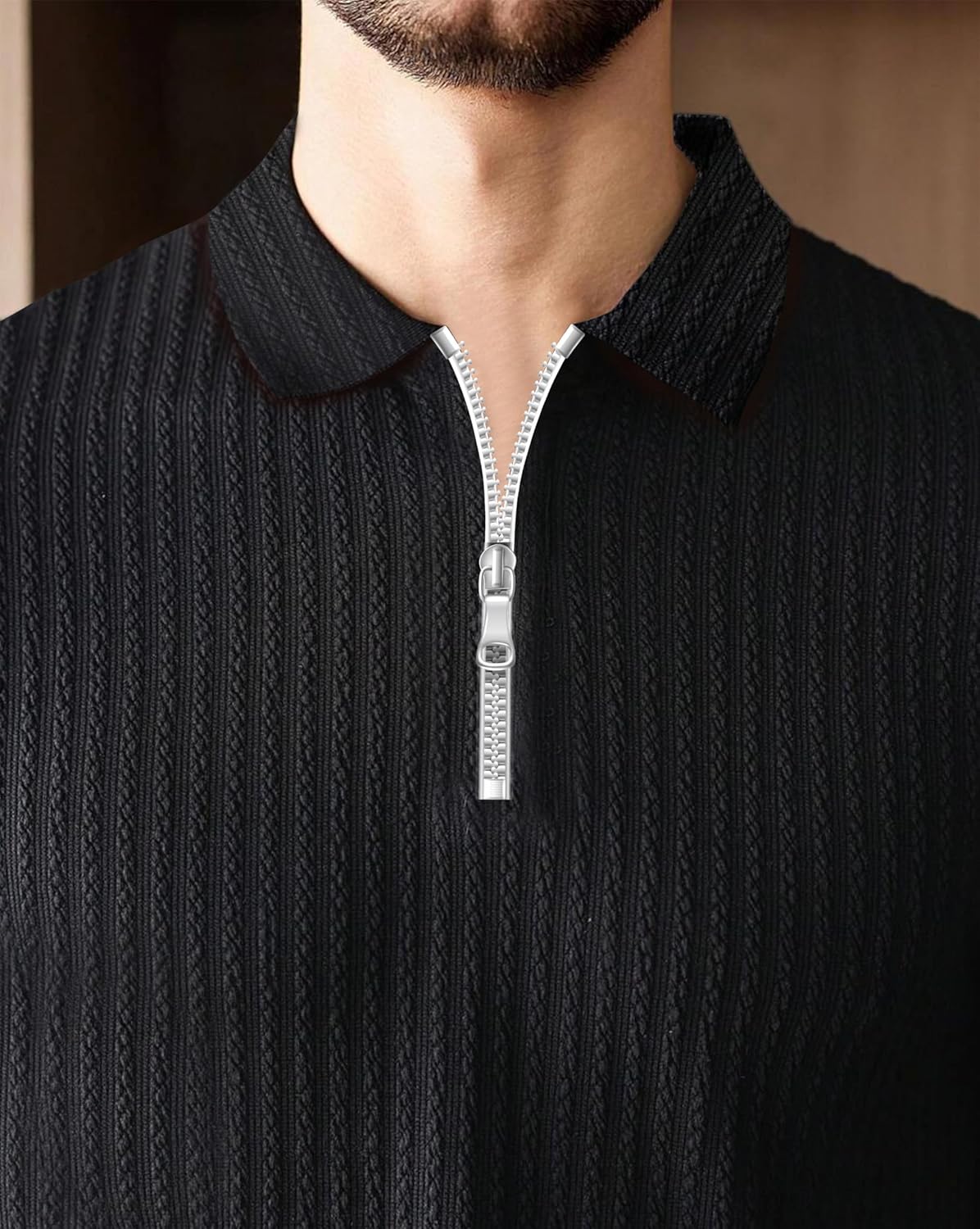 Polo T-Shirt for Men with Zipper Neck || Texture Fabric Polo Tshirt - Image 4