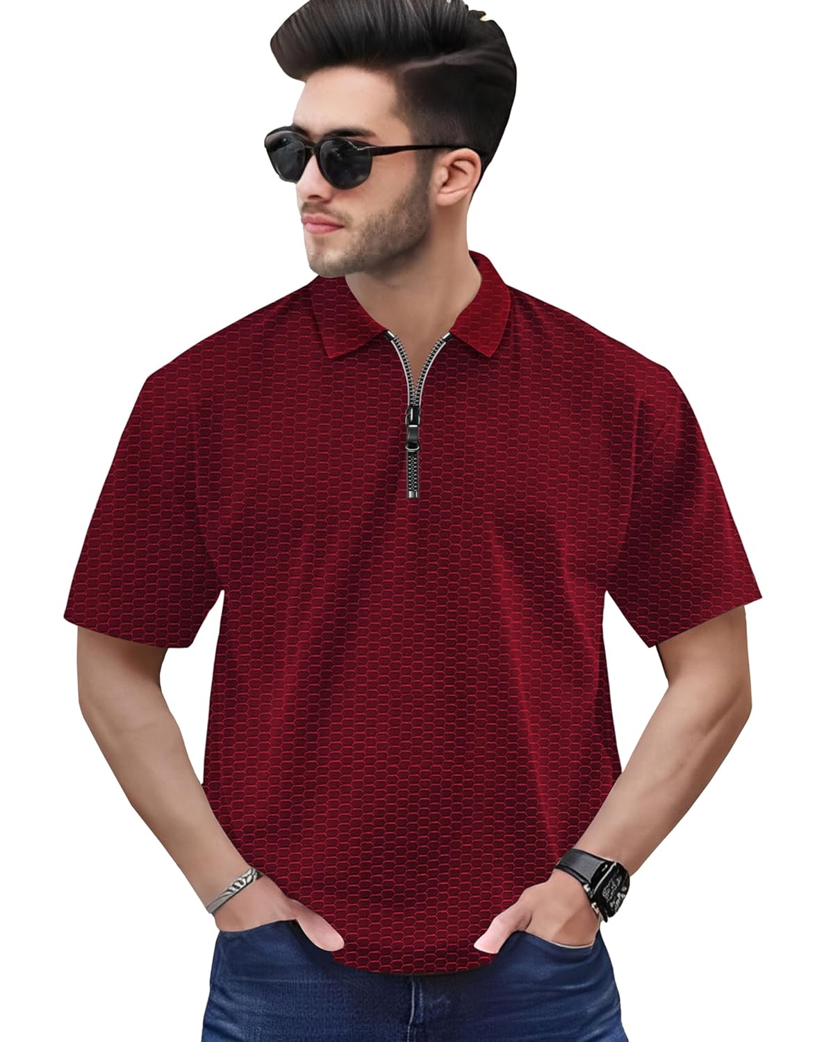 Zipper Polo T-Shirt for Mens in Texure Fabric