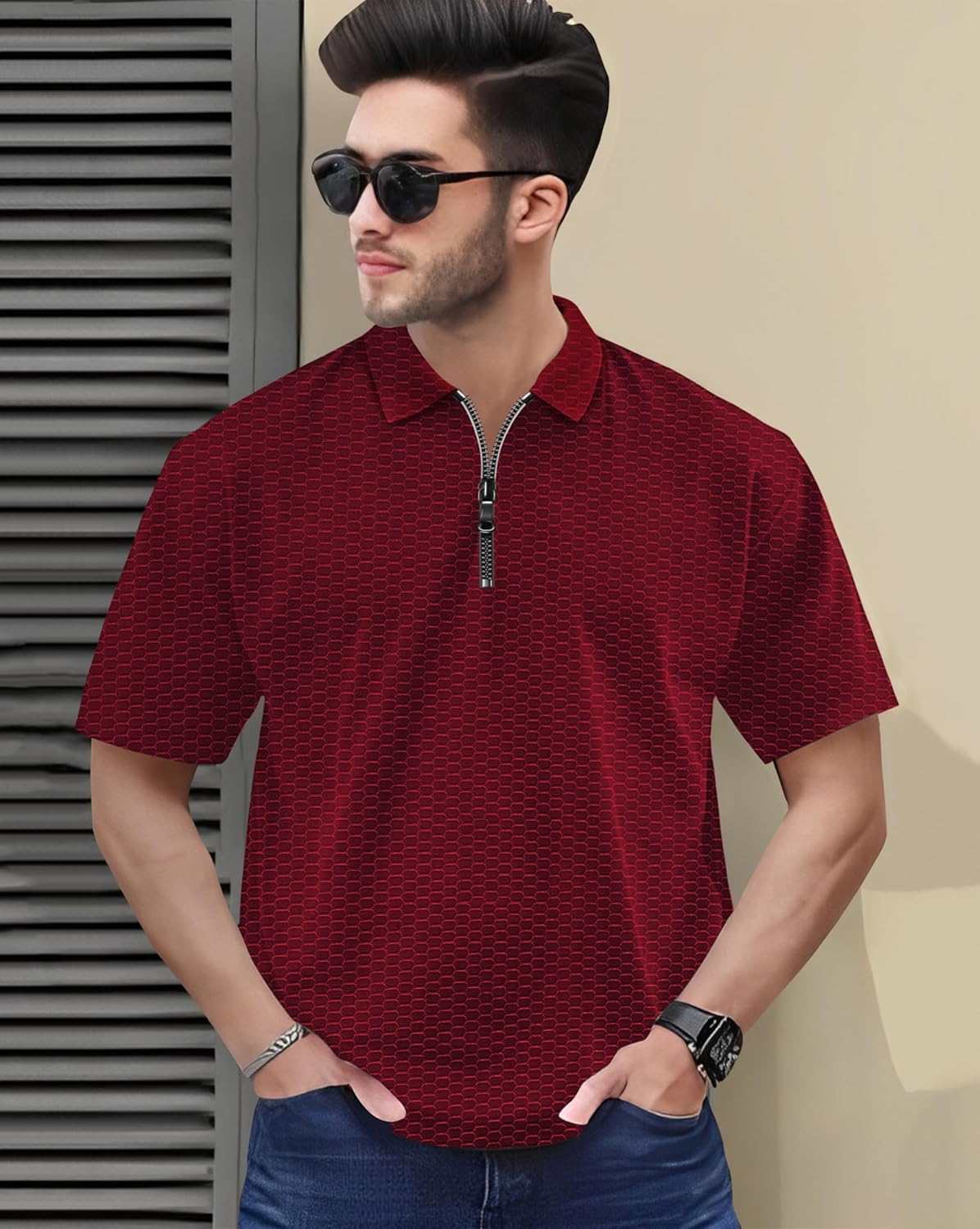 Zipper Polo T-Shirt for Mens in Texure Fabric - Image 2