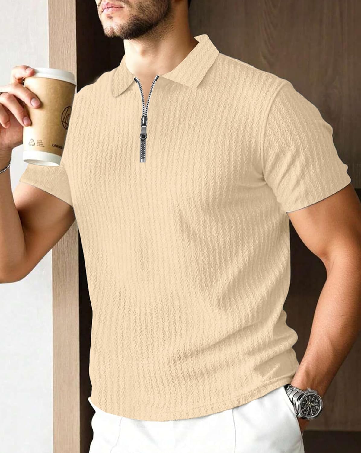 Polo T-Shirt for Men with Zipper Neck || Texture Fabric Polo Tshirt - Image 10