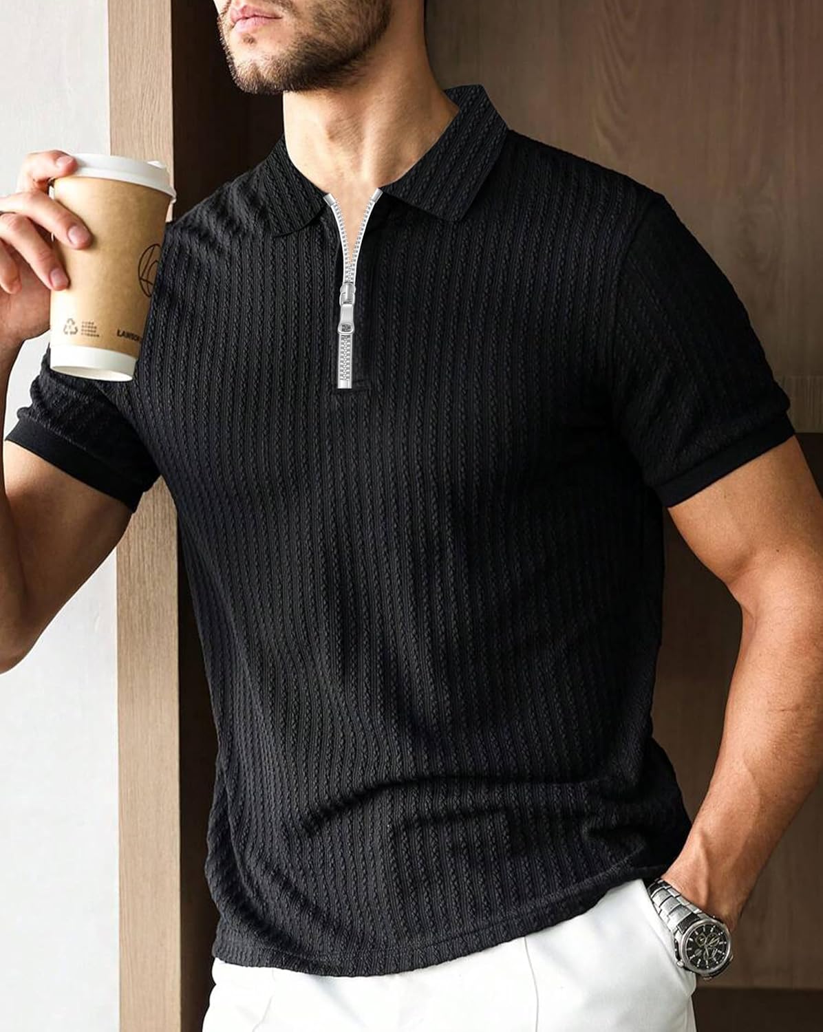 Polo T-Shirt for Men with Zipper Neck || Texture Fabric Polo Tshirt - Image 2