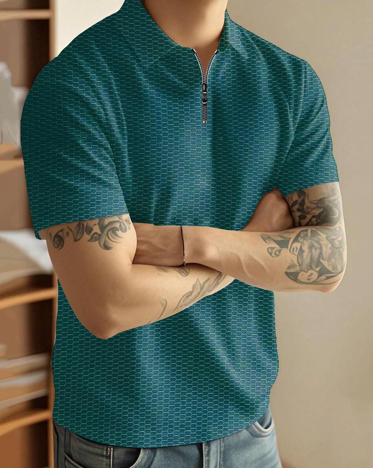 Zipper Polo T-Shirt for Mens in Texure Fabric - Image 19