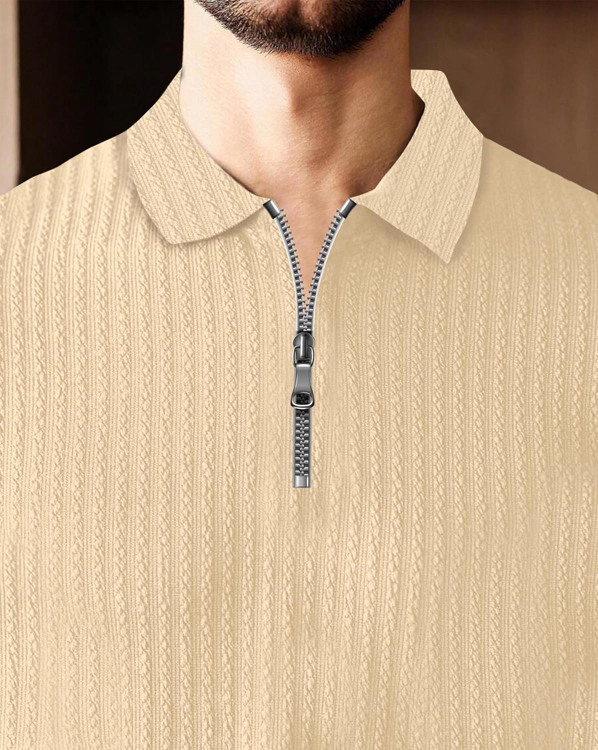 Polo T-Shirt for Men with Zipper Neck || Texture Fabric Polo Tshirt - Image 12
