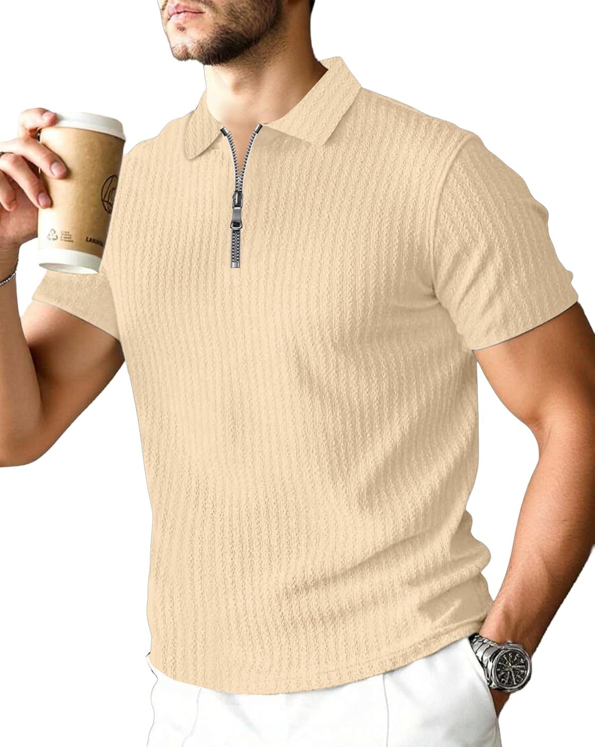 Polo T-Shirt for Men with Zipper Neck || Texture Fabric Polo Tshirt - Image 9