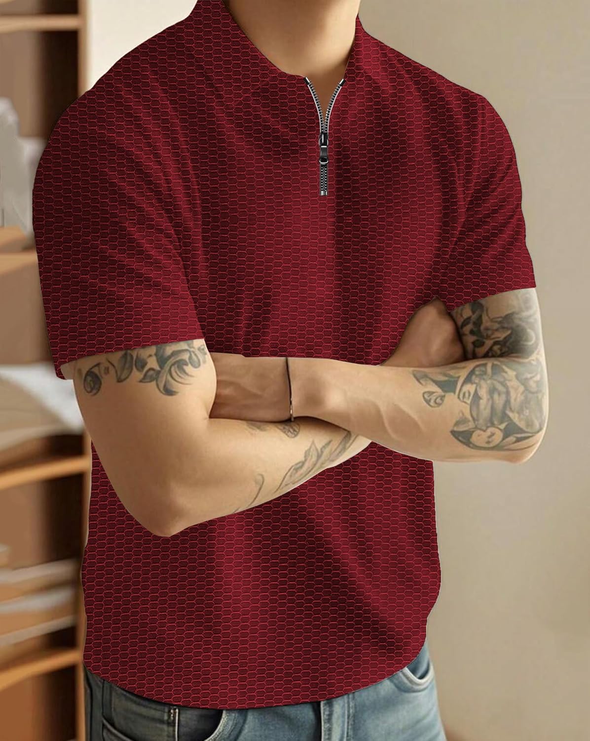 Zipper Polo T-Shirt for Mens in Texure Fabric - Image 4
