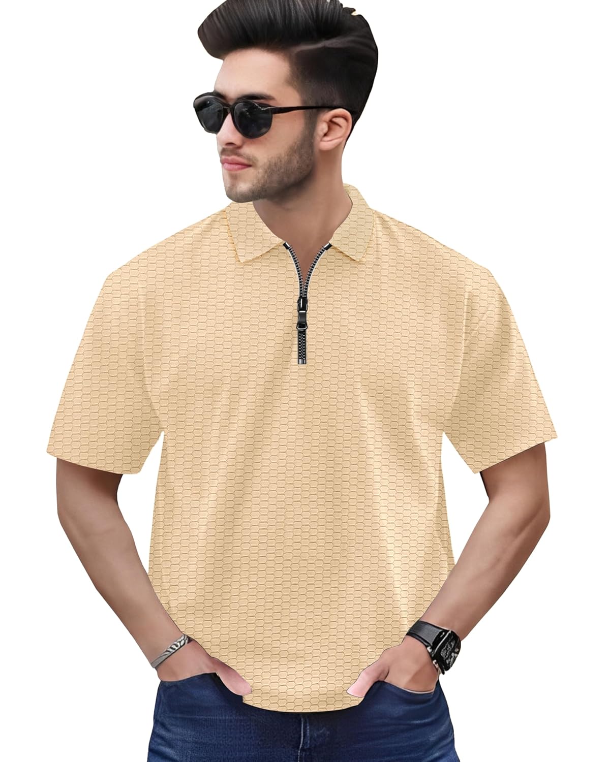 Zipper Polo T-Shirt for Mens in Texure Fabric - Image 11