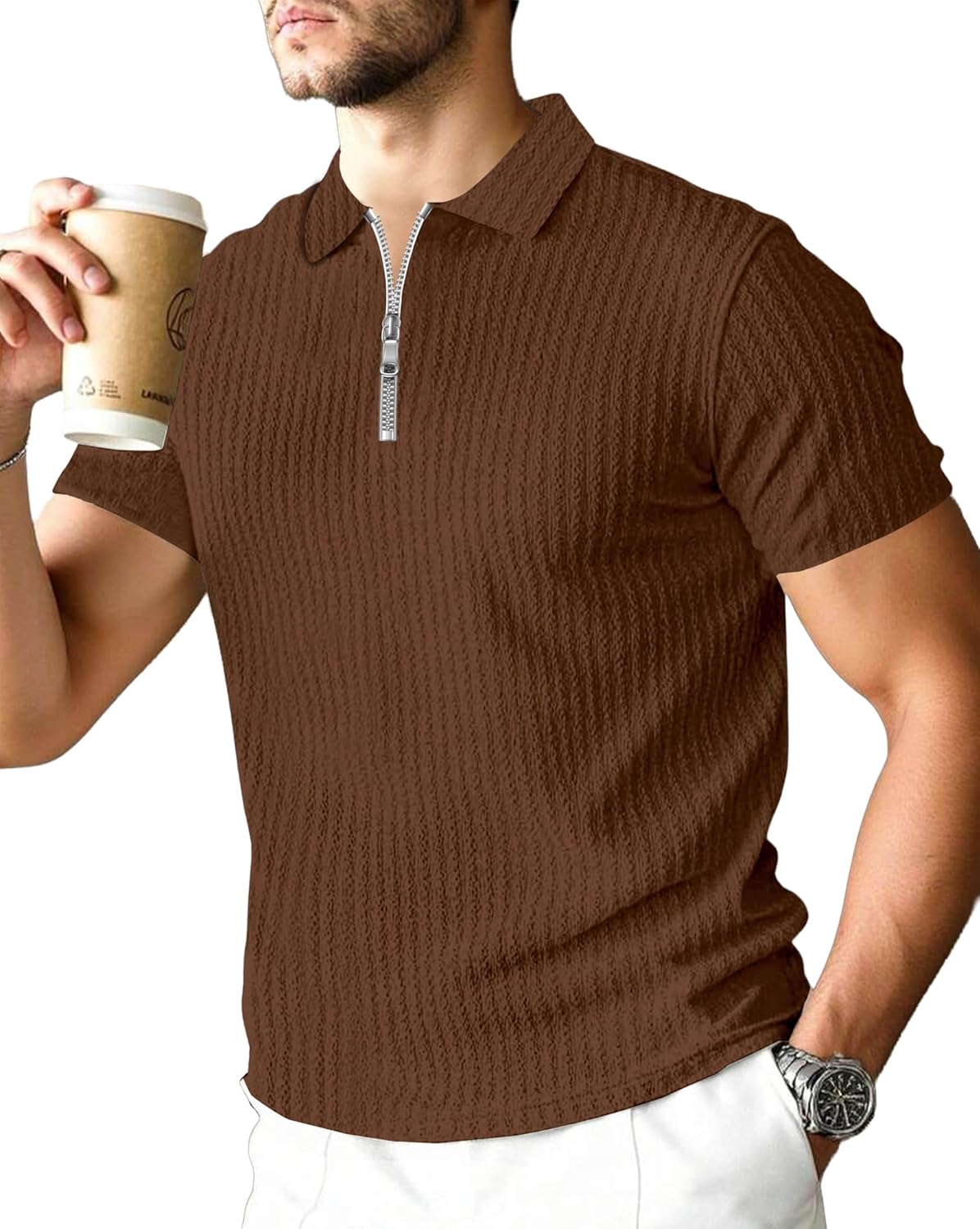 Polo T-Shirt for Men with Zipper Neck || Texture Fabric Polo Tshirt - Image 5