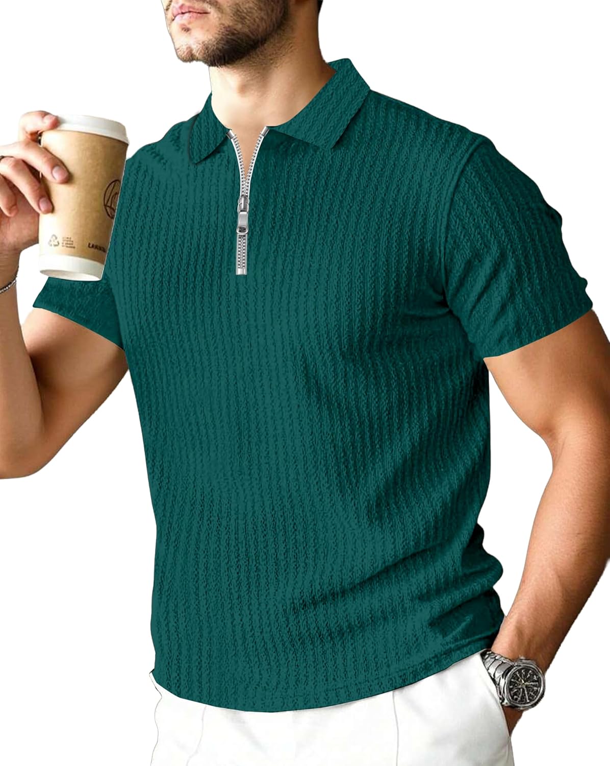 Polo T-Shirt for Men with Zipper Neck || Texture Fabric Polo Tshirt - Image 13