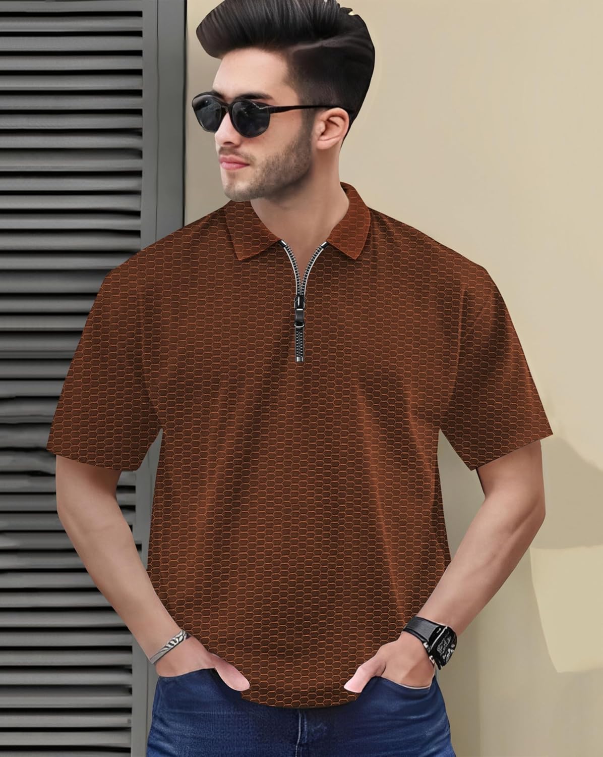 Zipper Polo T-Shirt for Mens in Texure Fabric - Image 7