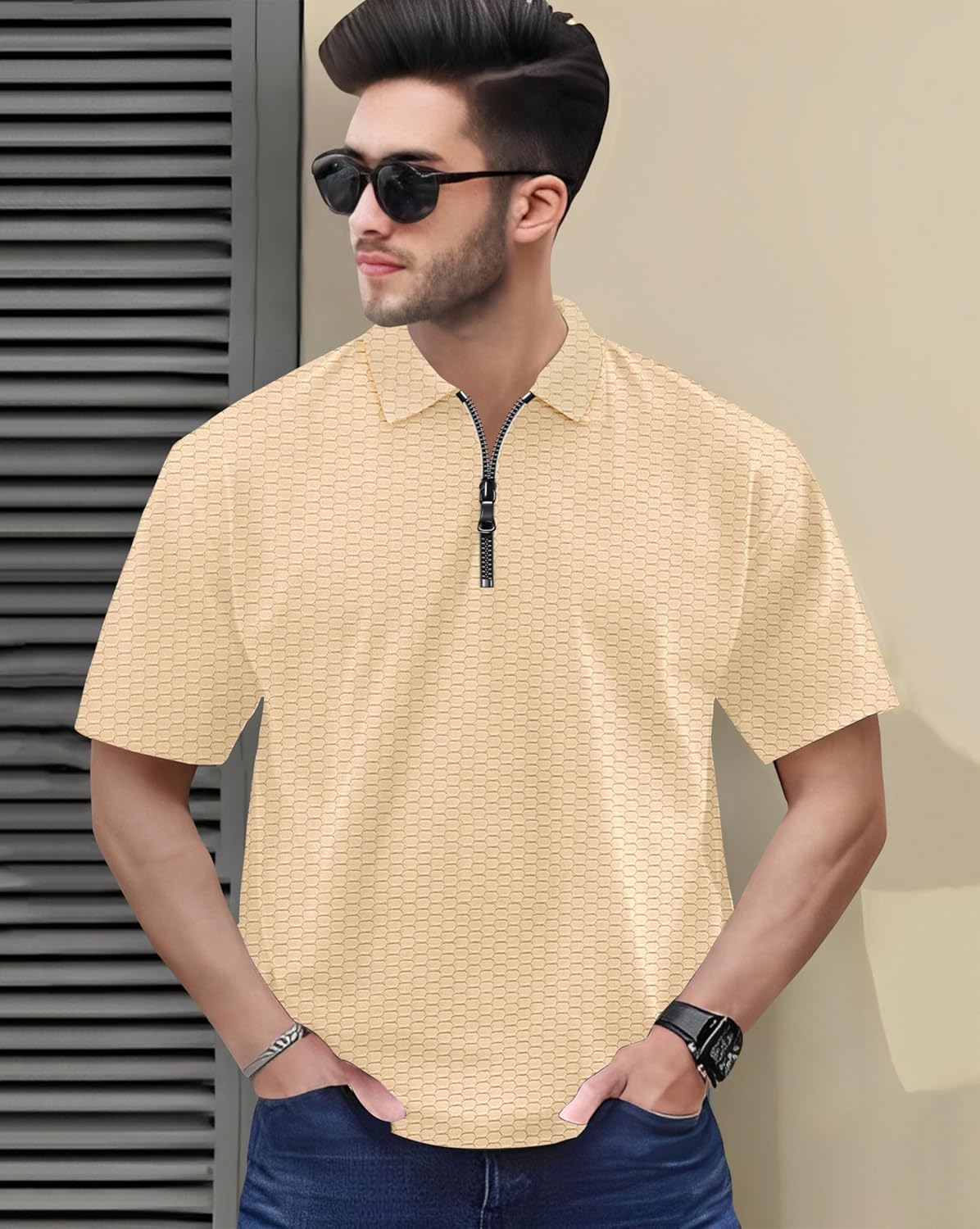 Zipper Polo T-Shirt for Mens in Texure Fabric - Image 12