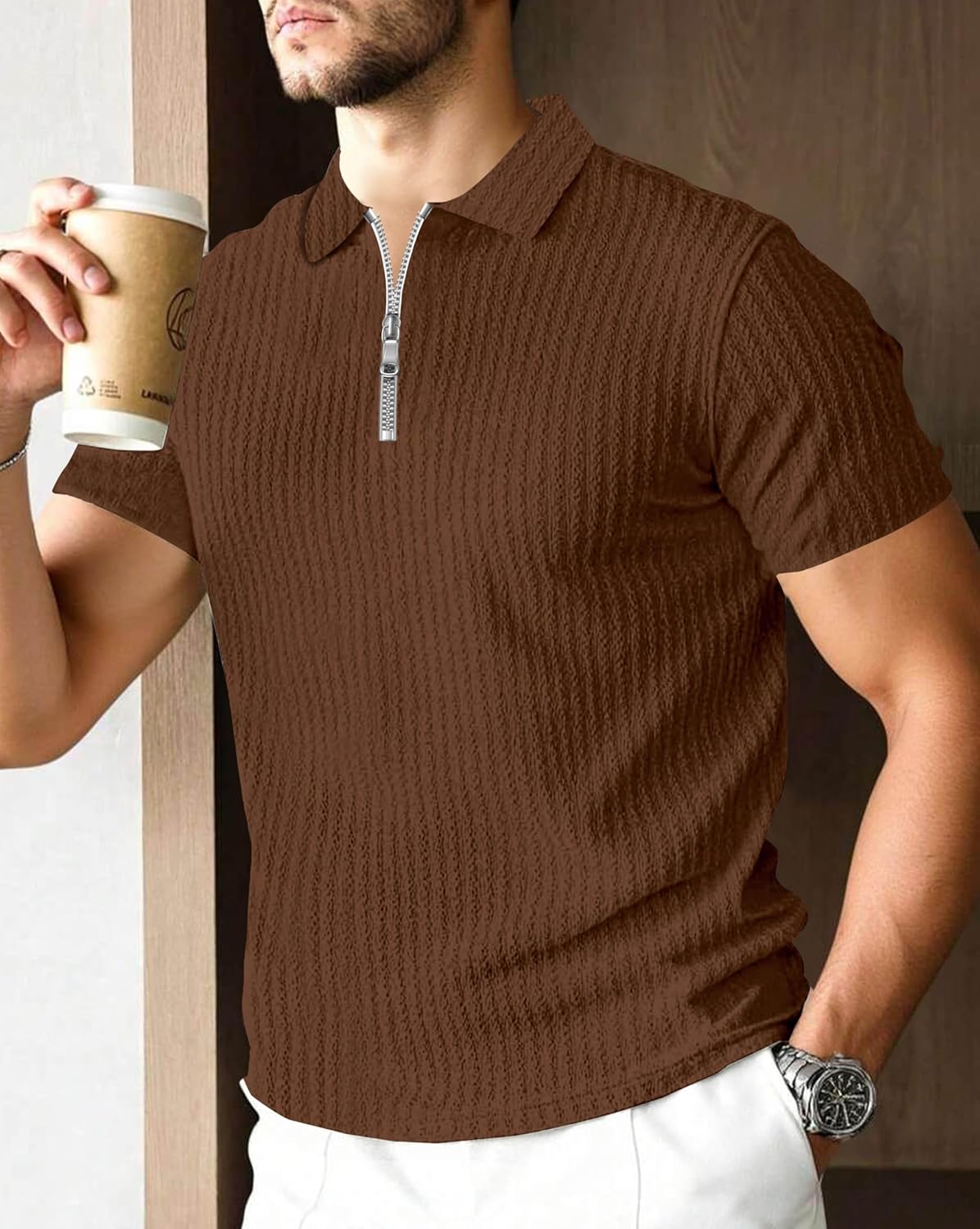 Polo T-Shirt for Men with Zipper Neck || Texture Fabric Polo Tshirt - Image 6