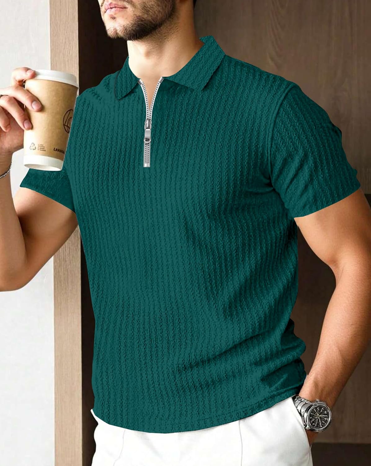 Polo T-Shirt for Men with Zipper Neck || Texture Fabric Polo Tshirt - Image 14