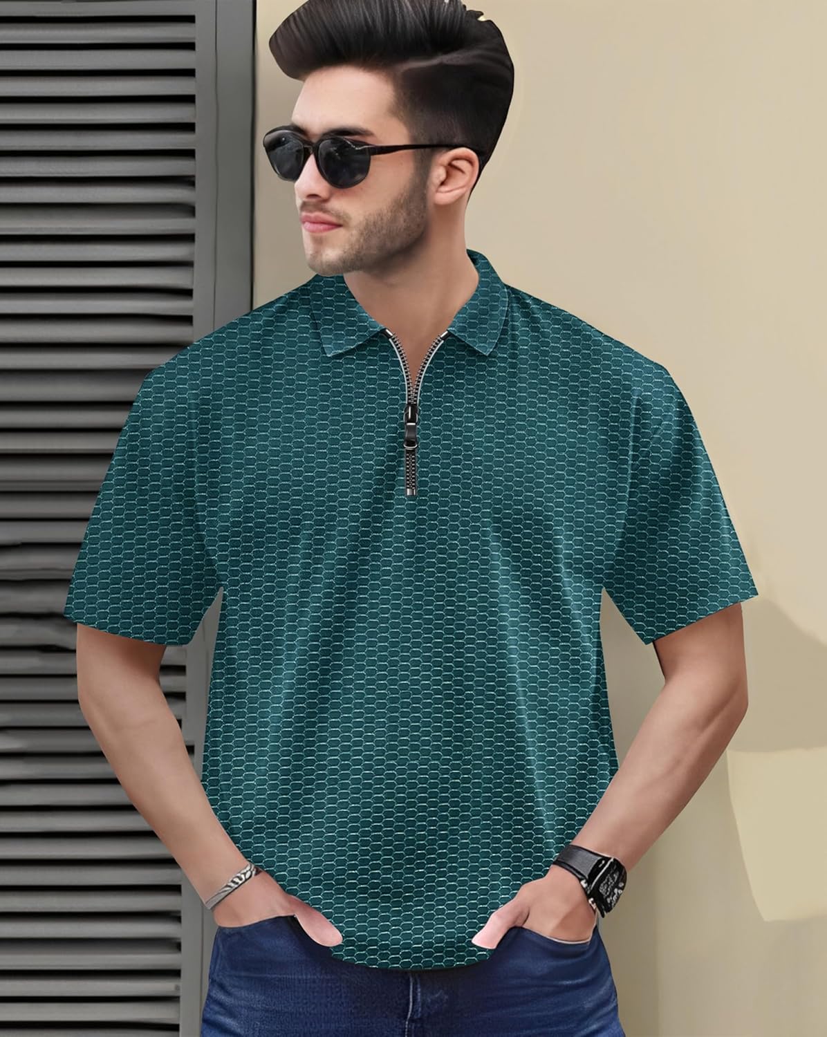 Zipper Polo T-Shirt for Mens in Texure Fabric - Image 17