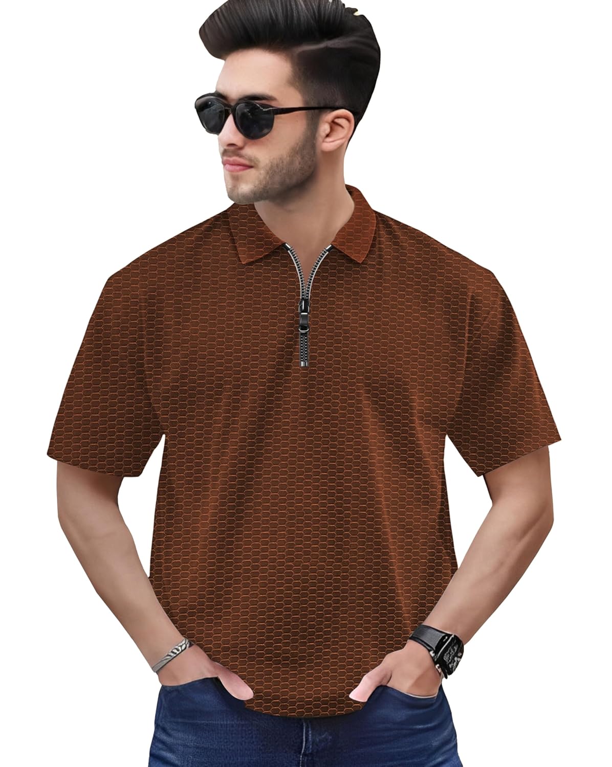 Zipper Polo T-Shirt for Mens in Texure Fabric - Image 6