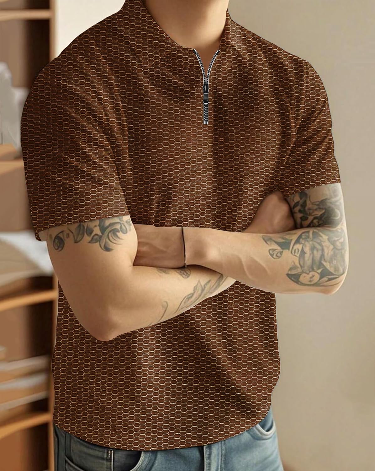Zipper Polo T-Shirt for Mens in Texure Fabric - Image 9